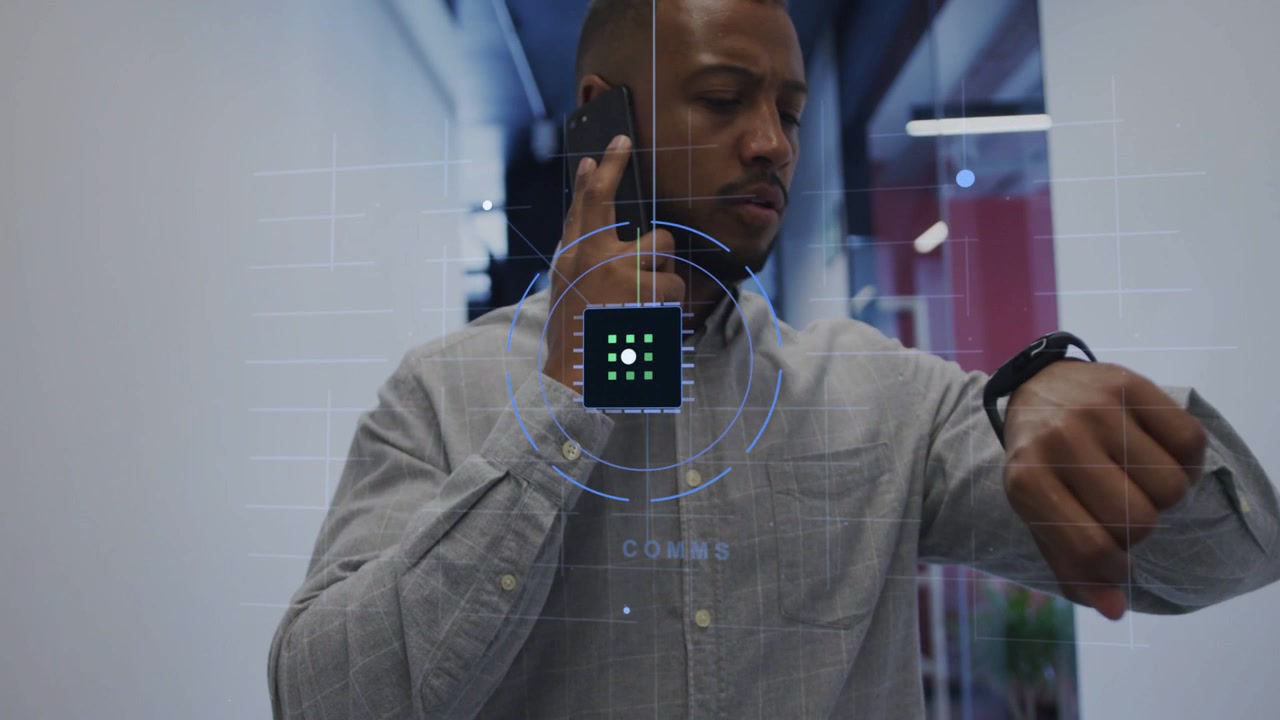 Man walking office hall on call, activating HUD grid on torso, checking watch, tracking tech data