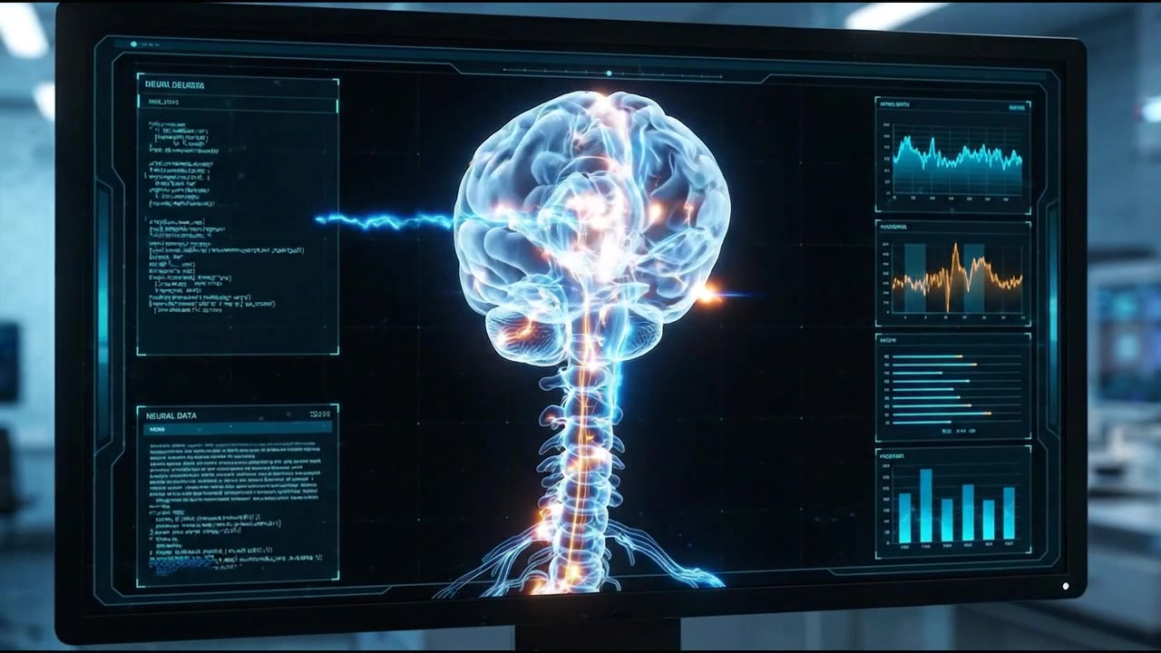Cervello e midollo spinale trasparenti di profilo su display di dati neurologici