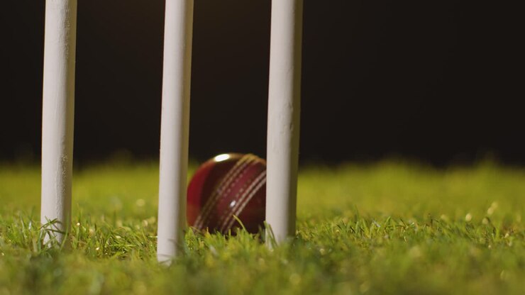Natura morta di cricket con primo piano della palla nell'erba dietro i paletti