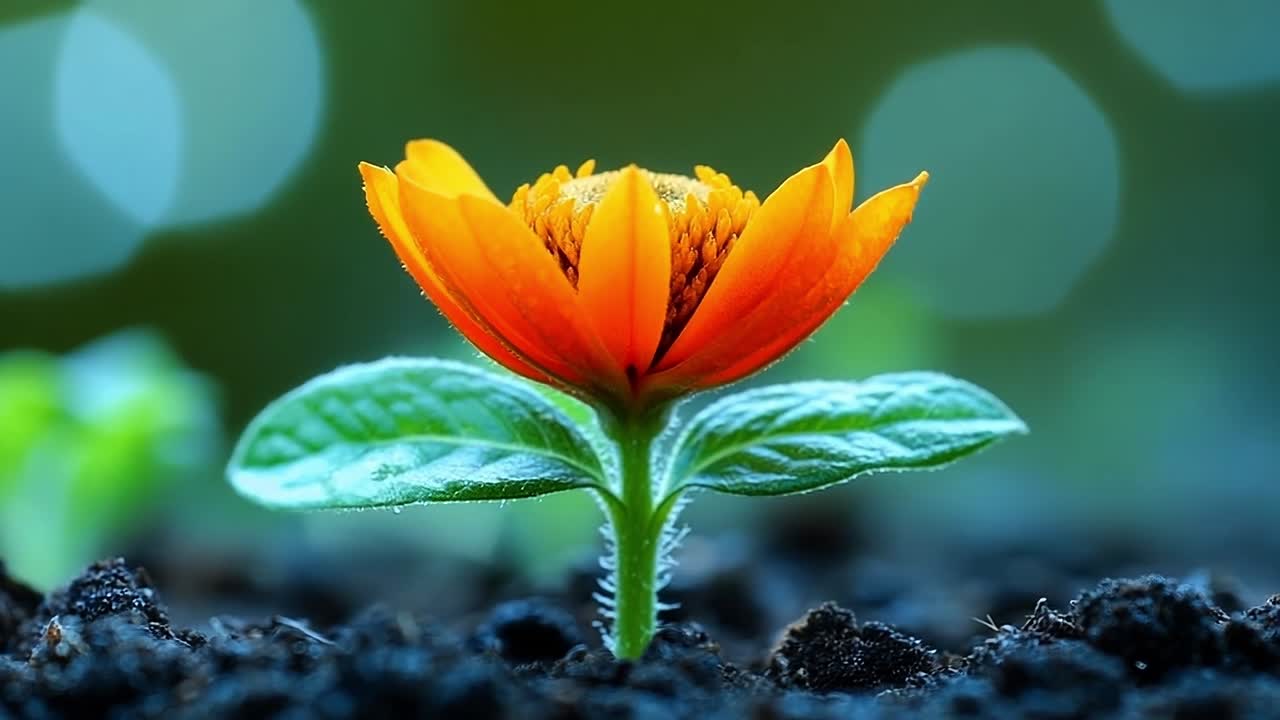 Beautiful orange flower blooming in soil. A vibrant orange flower stands out against the dark soil, glistening with dew droplets, showcasing nature's beauty.