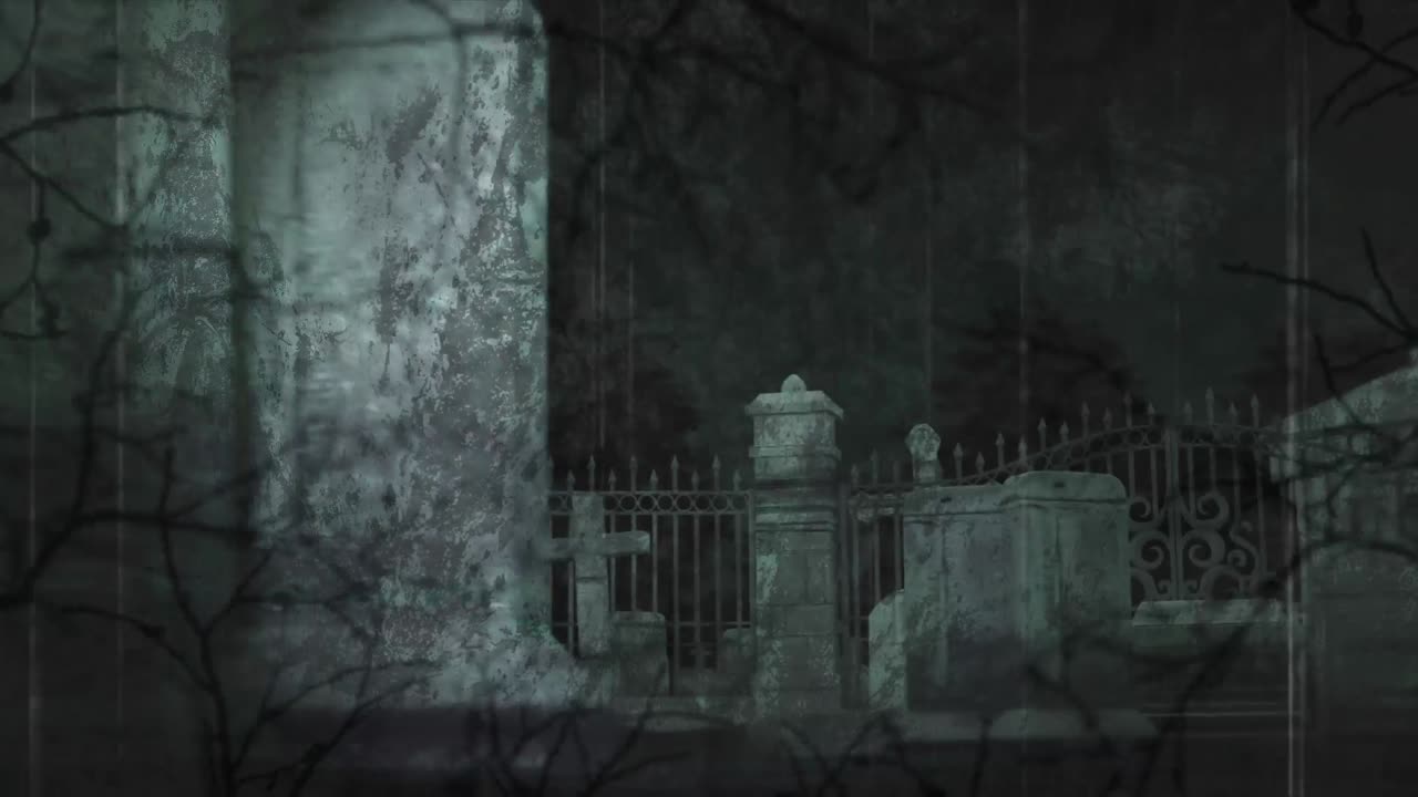 animación de ramas de árboles sobre el cementerio por la noche
