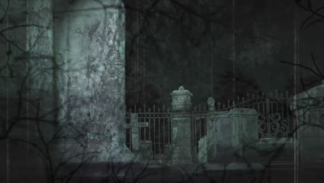 animation of tree branches over cemetery at night