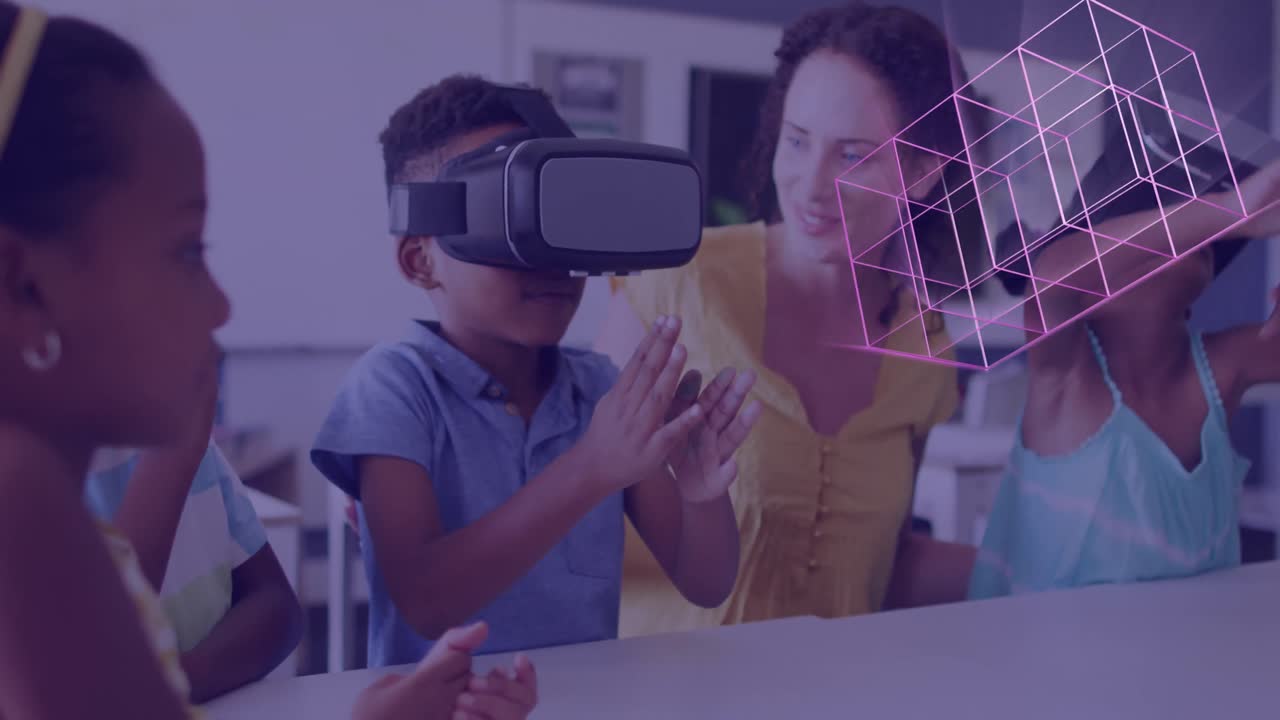 animación de formas 3d sobre feliz diversa maestra con alumnos en auriculares vr en el aula