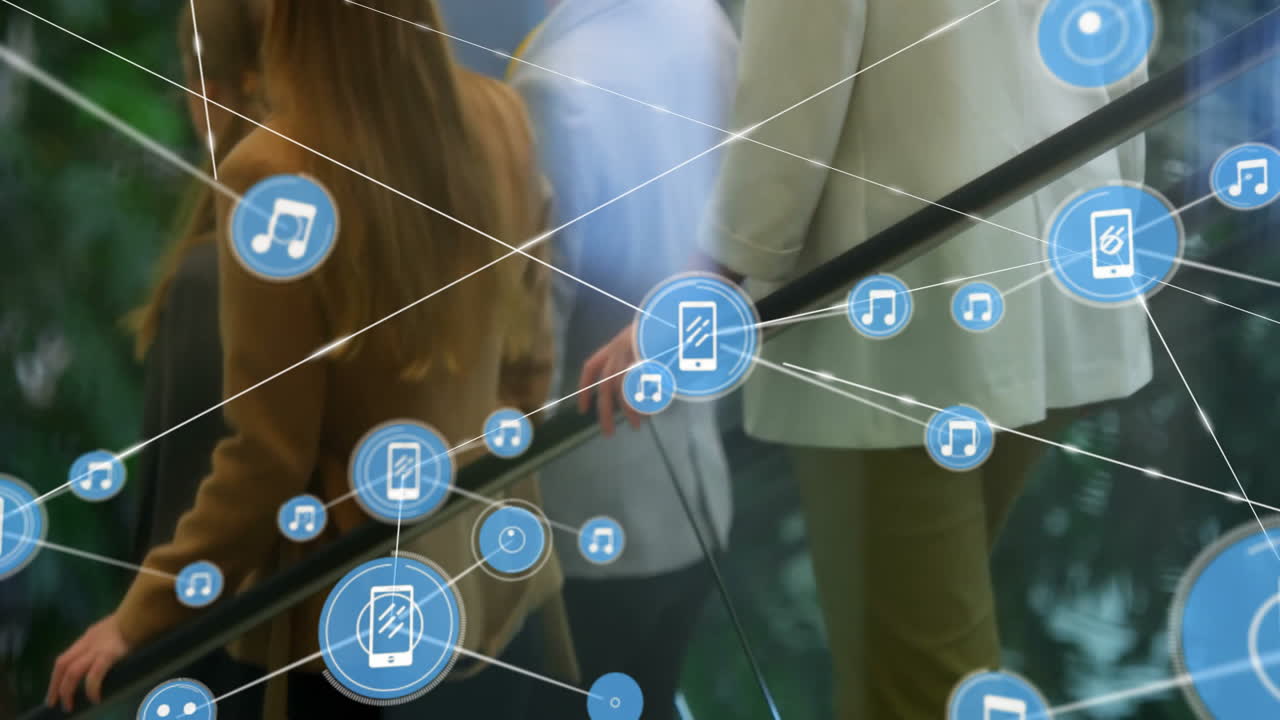 Network of smartphone icons and connections animation over people on escalator