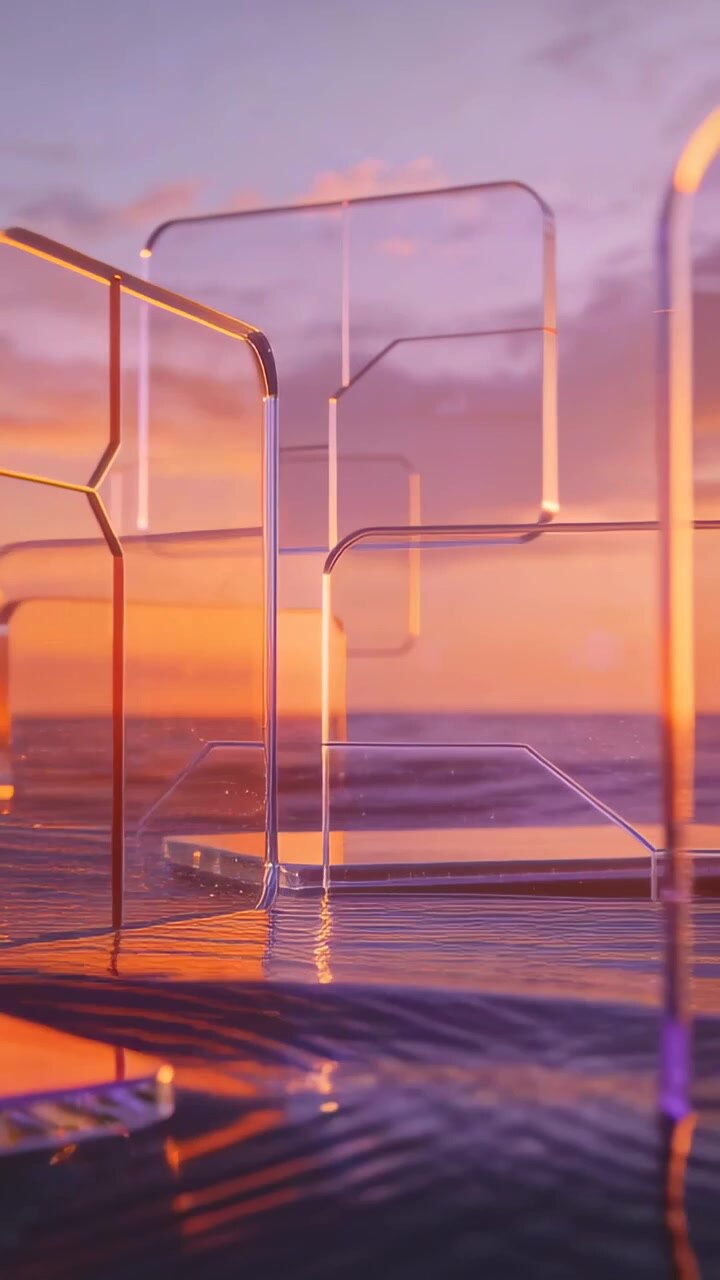 Vertikal video: Panorerende kamera viser glaspaneler, der glider over et roligt hav ved solnedgang og tilføjer glød.