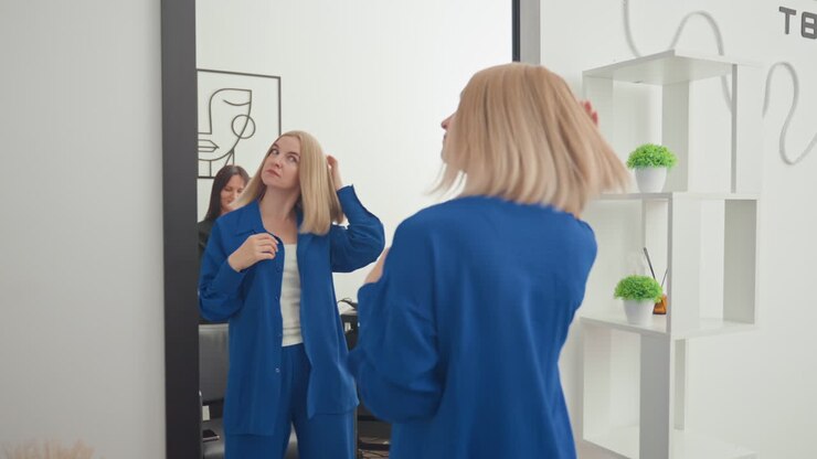 Donna caucasica che prova un outfit davanti allo specchio di una boutique mentre un assistente stilista le offre una collana, prova una giacca blu, risate tra amica e cliente, consulenza pratica, decisione sull'abbigliamento