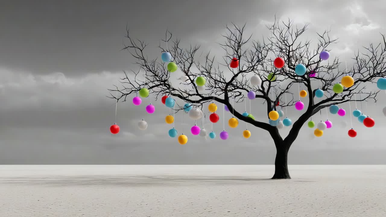 A unique and visually striking tree adorned with vibrant colorful ornaments, stands alone in a barren landscape, contrasting against the dramatic gray sky, creating an artistic and imaginative scene