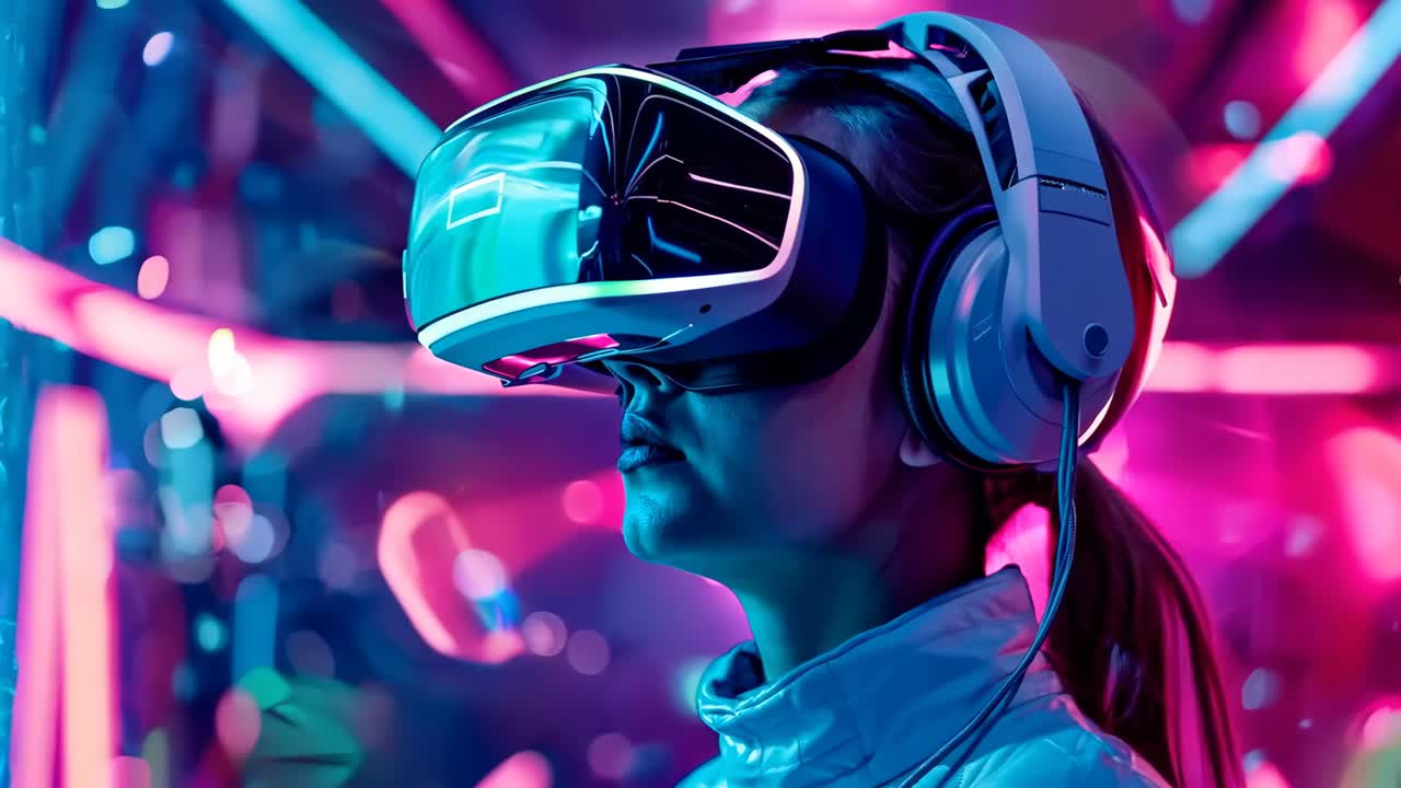 una mujer con un auricular de realidad virtual en un club nocturno