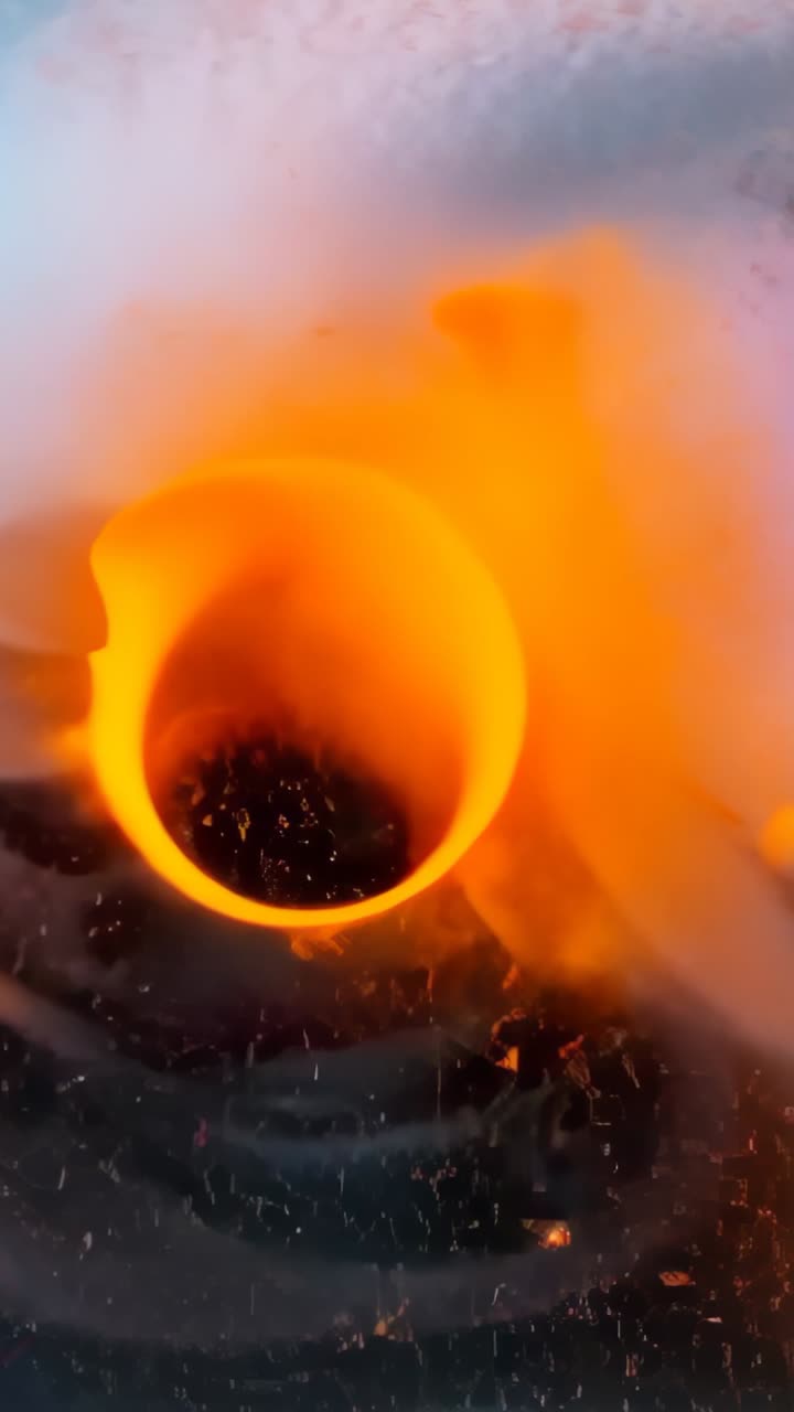 Vertical video: Opening circular tube releasing orange vortex powder in dark lab, mixing blue smoke