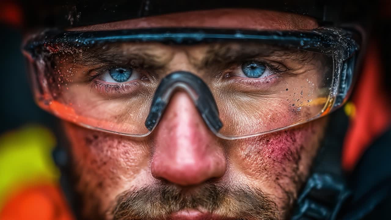 Intense Close-Up Portrait of a Determined Person with Clear Blue Eyes and Protective Gear, Showcasing Resilience and Grit in a Challenging Environment