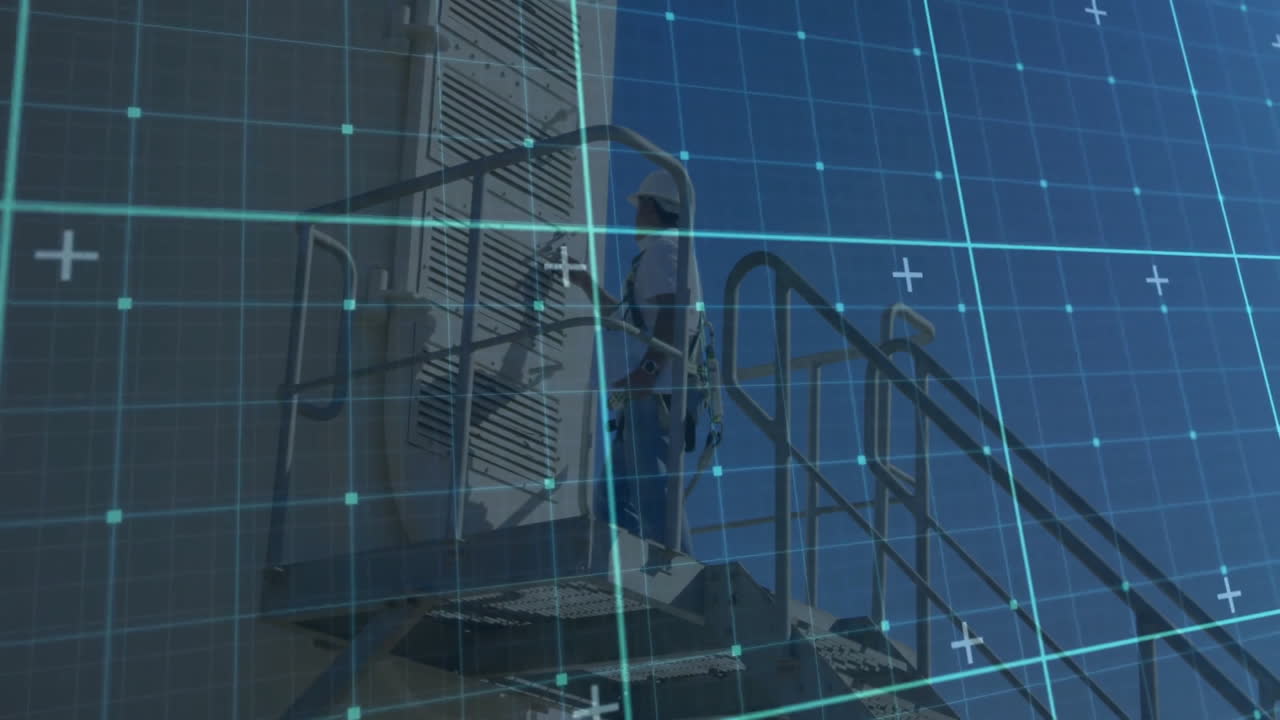 Technician climbing external staircase, displaying HVAC unit data, using digital grid overlay