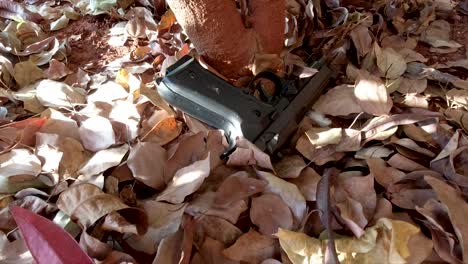 cámara panorámica sobre algunas hojas secas en el suelo hasta un arma de fuego negra colocada al lado de un árbol