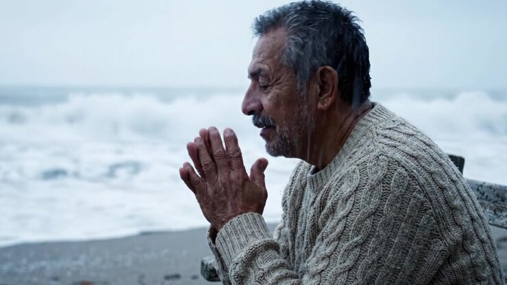 A Reflective Moment on the Shore: An Older Man in a Cozy Sweater Contemplates Life Amidst the Rolling Waves and Gray Skies, Capturing the Essence of Solitude and Nature's Beauty