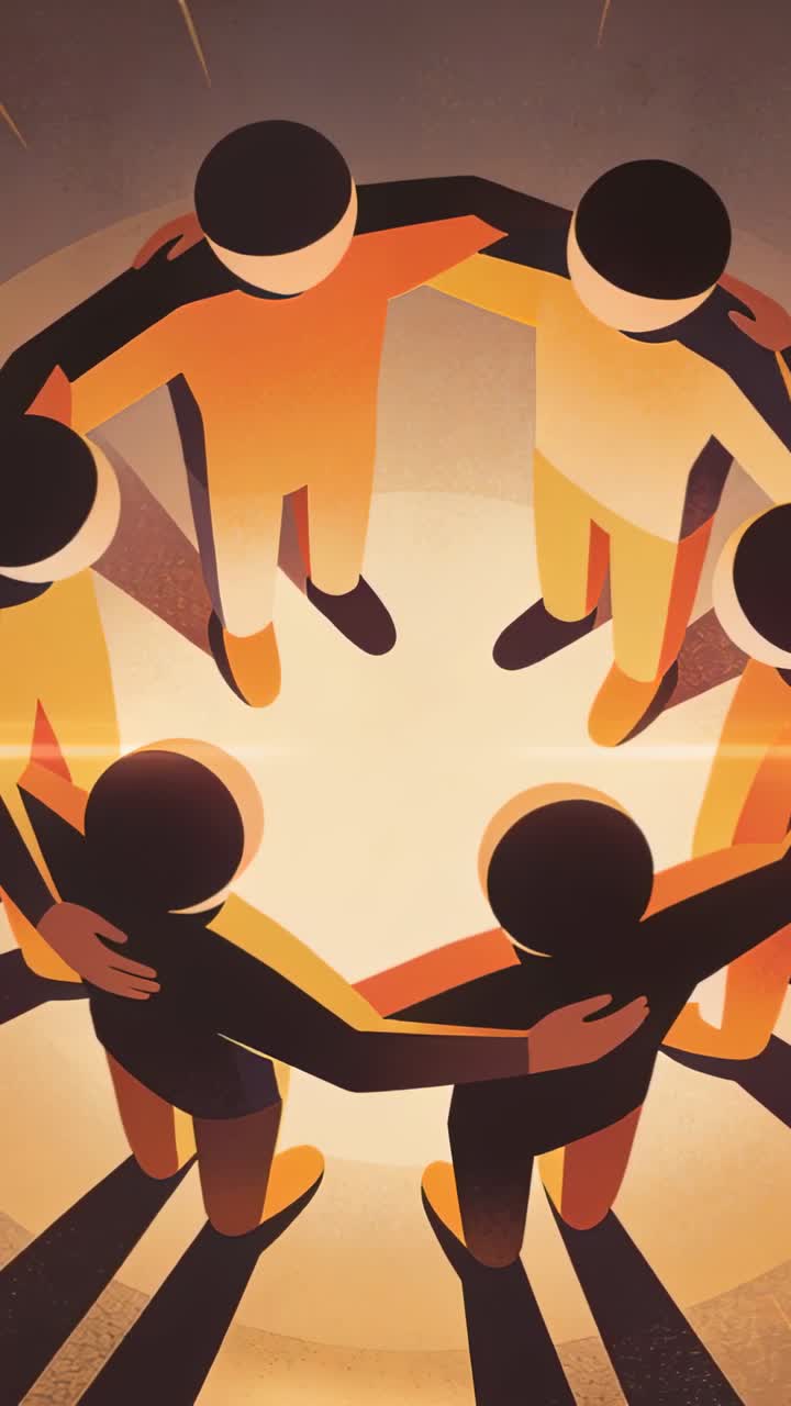 Vertical video: Camera zooming 6 figures in orange linking arms on stage showing support, spotlight