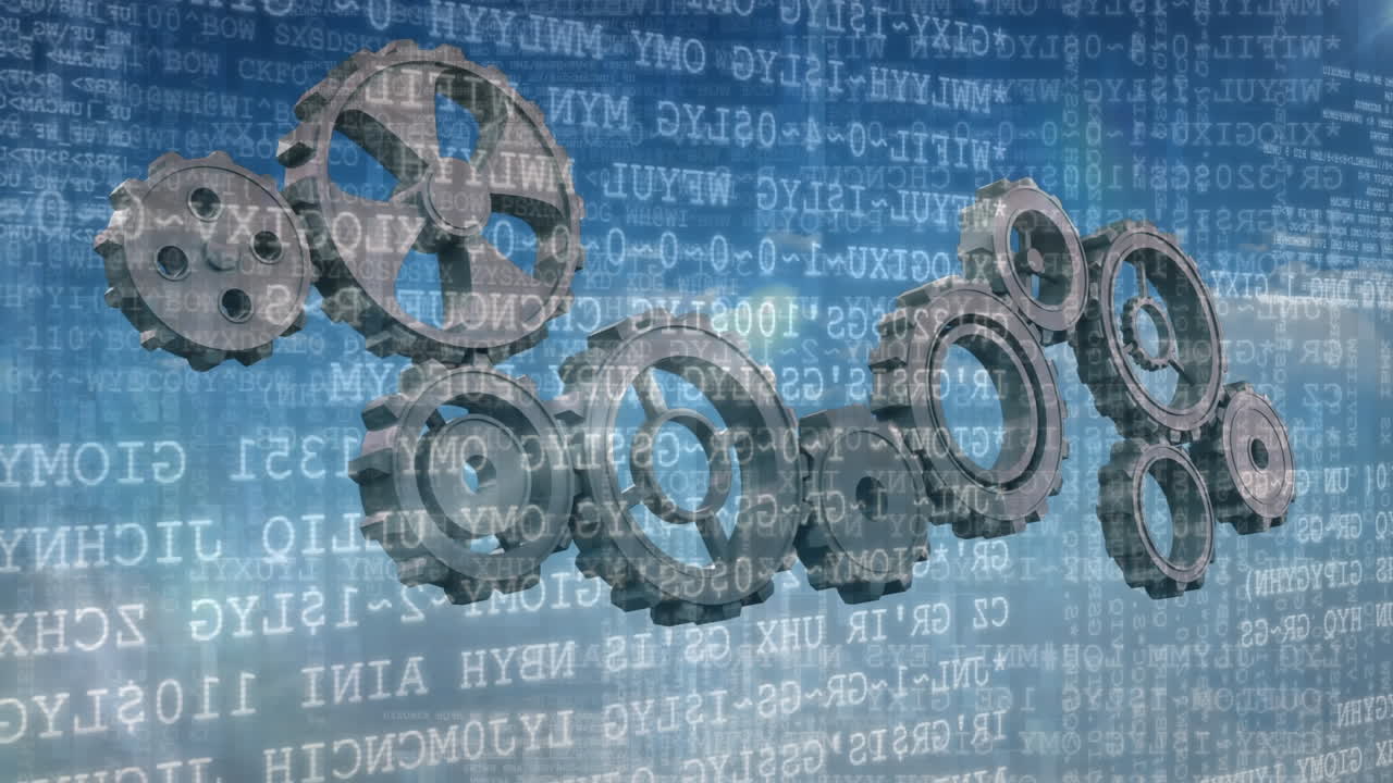 Evolutionary figures and gears over sky.