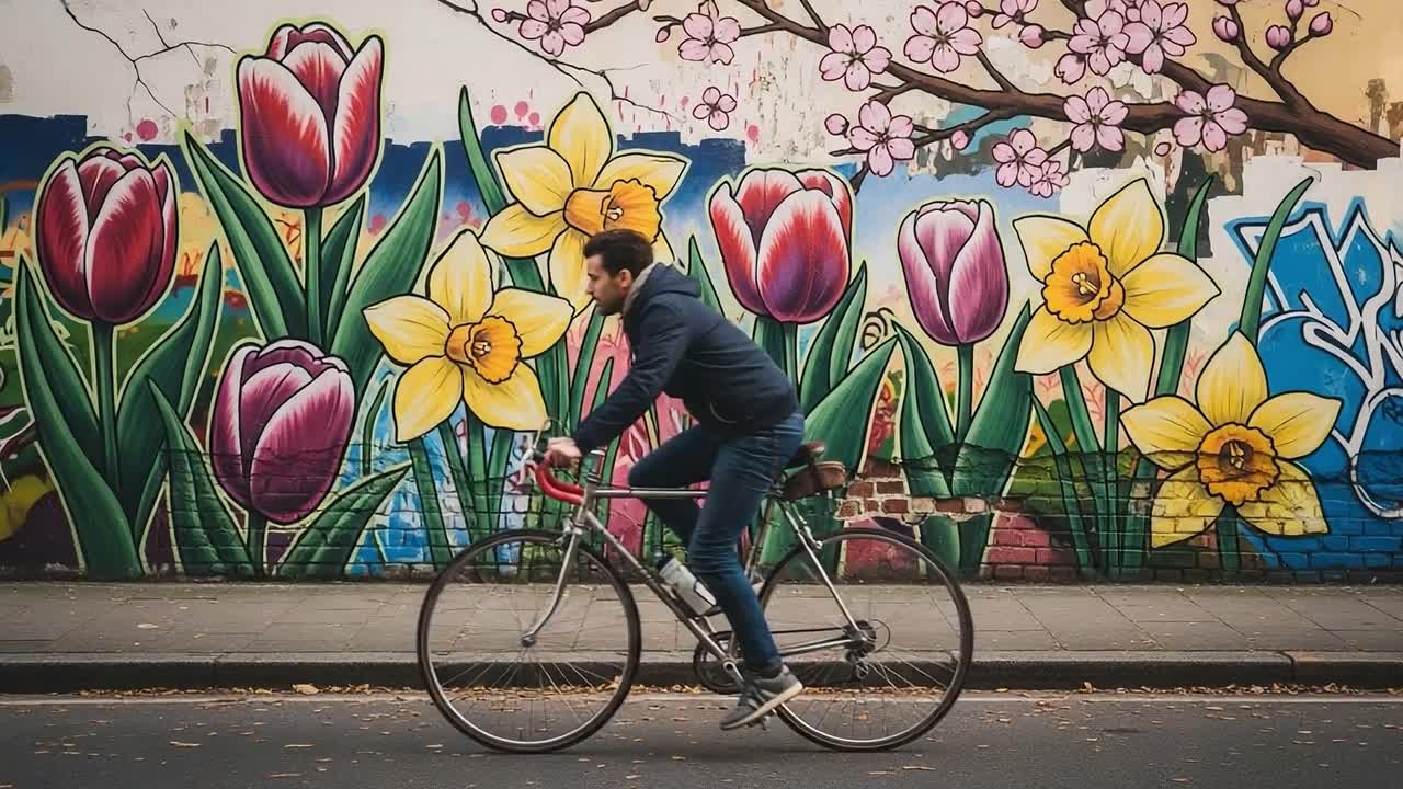 A Colorful Floral Mural Enhances the Urban Landscape as a Cyclist Passes by, Embracing Nature's Beauty Amongst the Vibrant Street Art