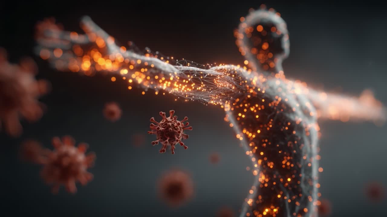 En imponerende visualisering af det menneskelige immunsystem i kamp med patogener – der viser kampen mellem sundhed og sygdom i levende detaljer.