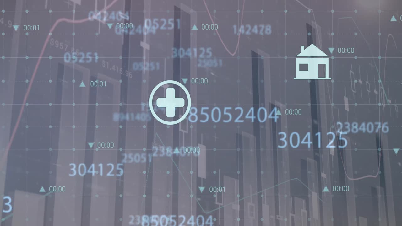 통계 데이터 처리, 디지털 아이콘 및 회색 배경에 변화하는 숫자의 애니메이션