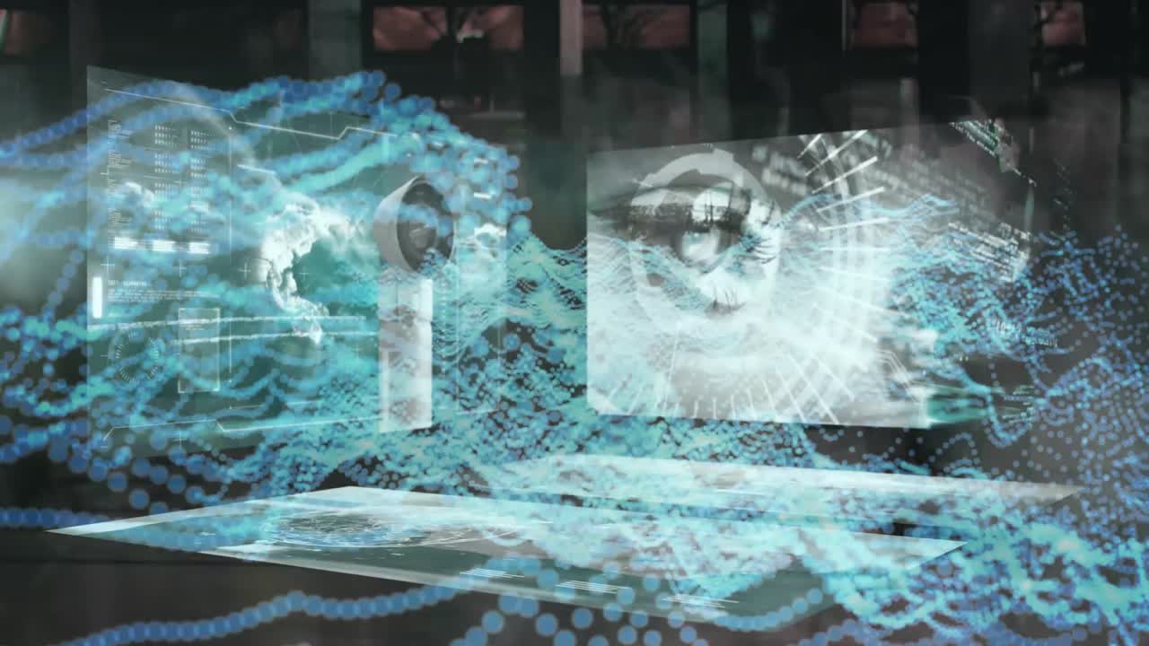 Animation of cctv camera and data processing on screens over pedestrians walking in fast motion