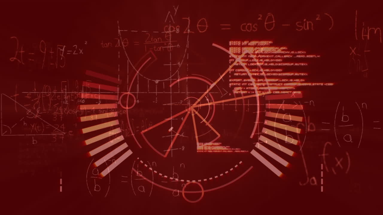 Animation of round scanner, data processing and mathematical equations against red background