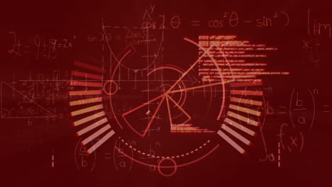 Animación-De-Escáner-Redondo,-Procesamiento-De-Datos-Y-Ecuaciones-Matemáticas-Sobre-Fondo-Rojo