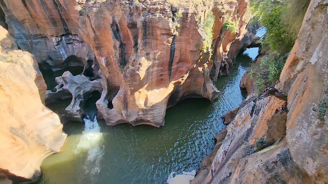 Drone view of rock formation in Bourke's Luck Potholes in Blyde Canyon reserve