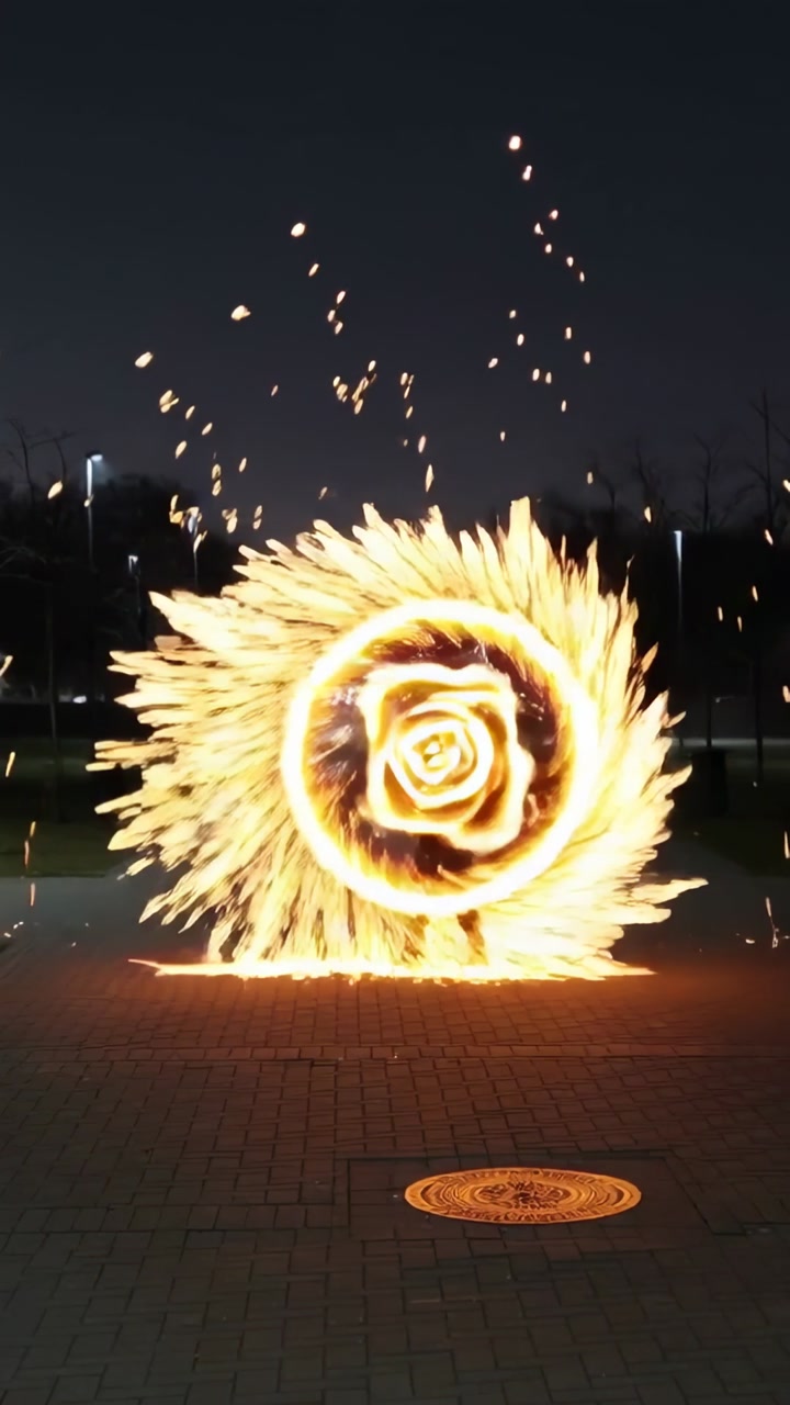 Vertical video: Spark igniting spinning fiery ring, spraying sparks on plaza toward manhole cover