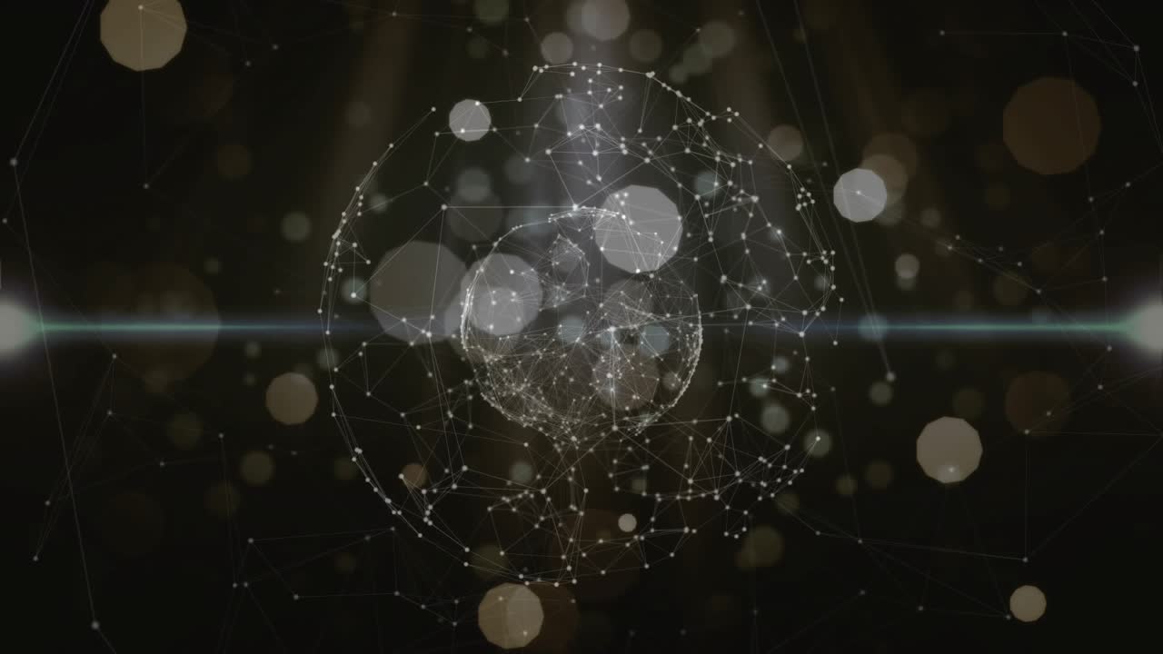 Faceted polygon entering left causing luminous globe pulsing and brightening to show network