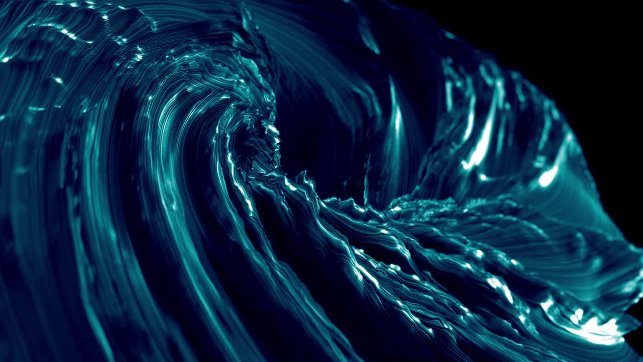 Blue wavy swirling whirlpool on dark background. 3d animation loop