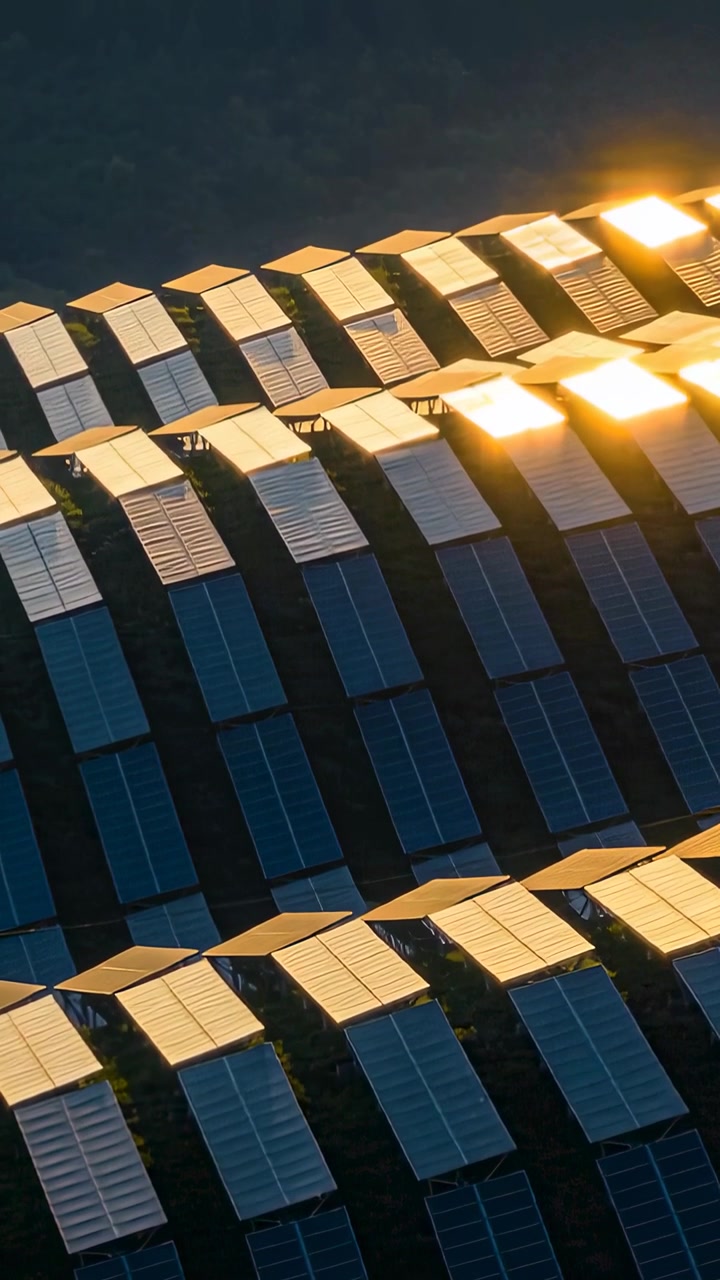 Video verticale: Array di pannelli curvi riflettenti che catturano il bagliore del sole basso su un tetto ad arco, con strutture metalliche.
