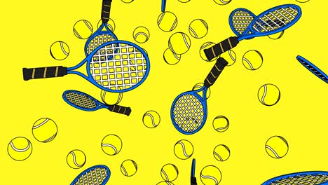 toon style tennis balls and blue tennis rackets on yellow background.