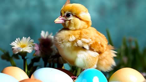 a small chicken sitting on top of a pile of eggs