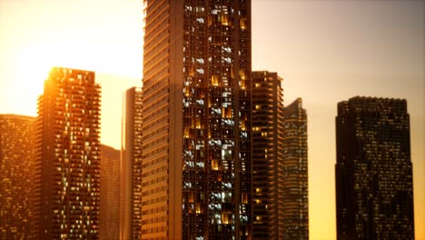 sunset aerial shot of skyscrapers of business centre