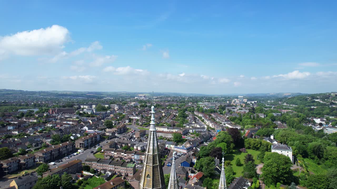 Gothic Saint Fin Barre's Cathedral and Cork city centre at sunny day in Ireland