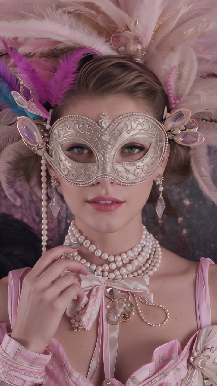 Vertical video: Gazing studio model lifting and adjusting pearls and corset, showing metallic mask