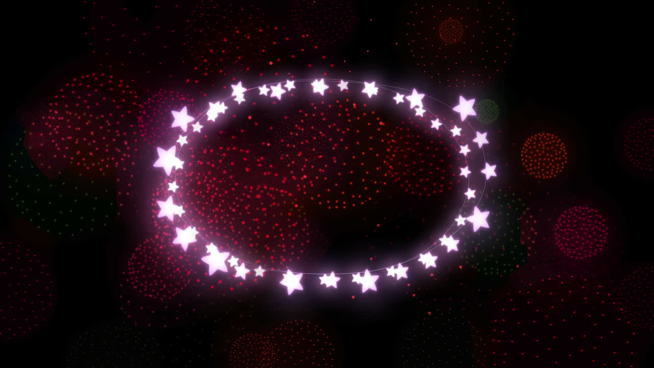 검은색 배경에 모양과 불꽃놀이 위에 요정 불빛의 애니메이션