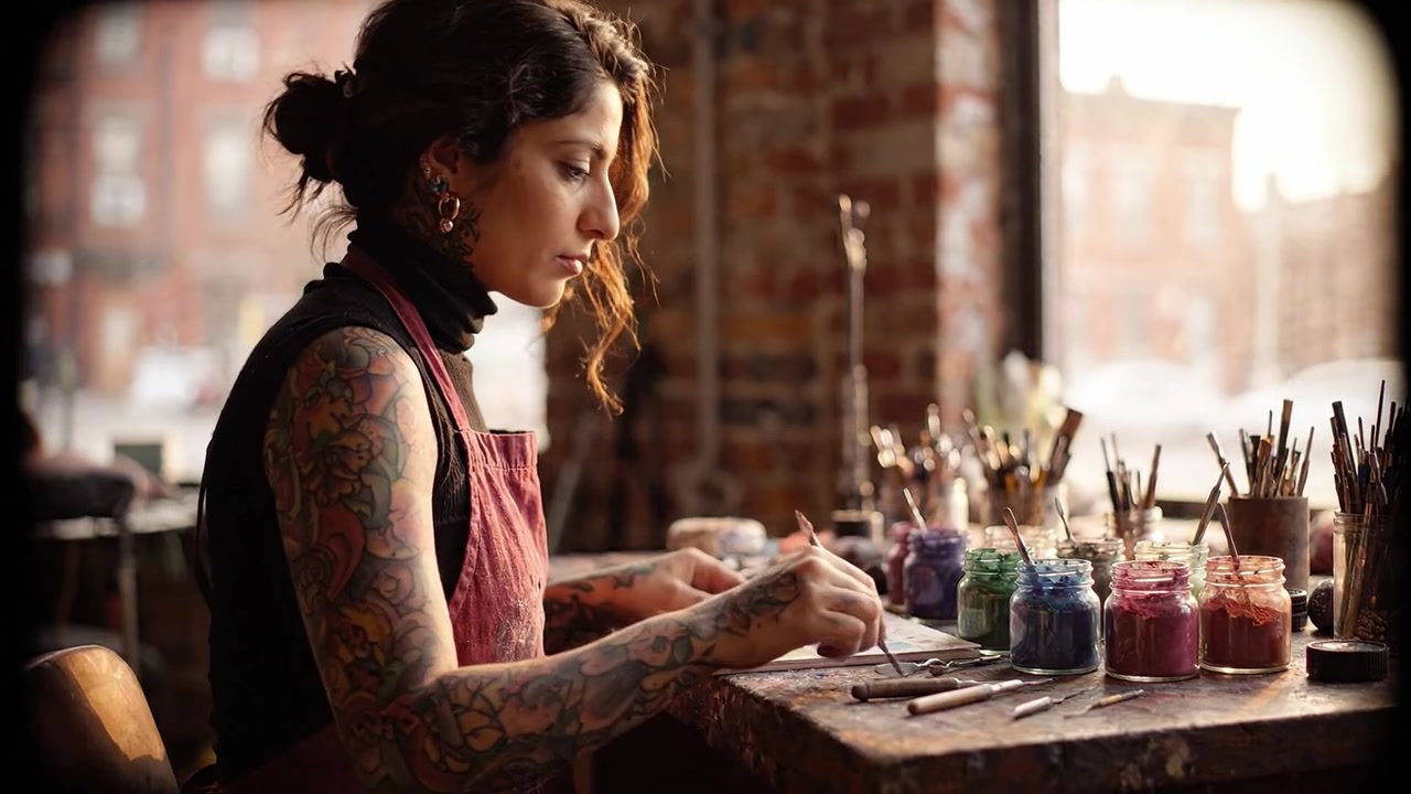 A Dedicated Artist Creates Colorful Masterpieces at Her Studio Workbench Surrounded by Paints, Brushes, and Artistic Inspiration during Golden Hour