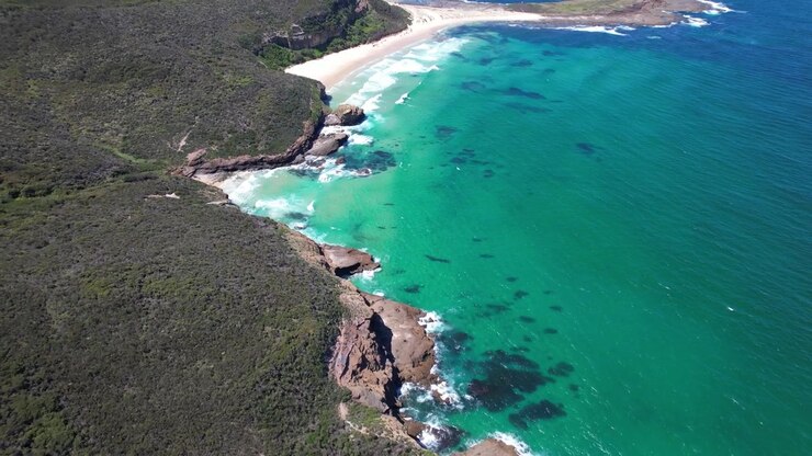 Ripresa aerea di Timber Beach nel Nuovo Galles del Sud, Australia.