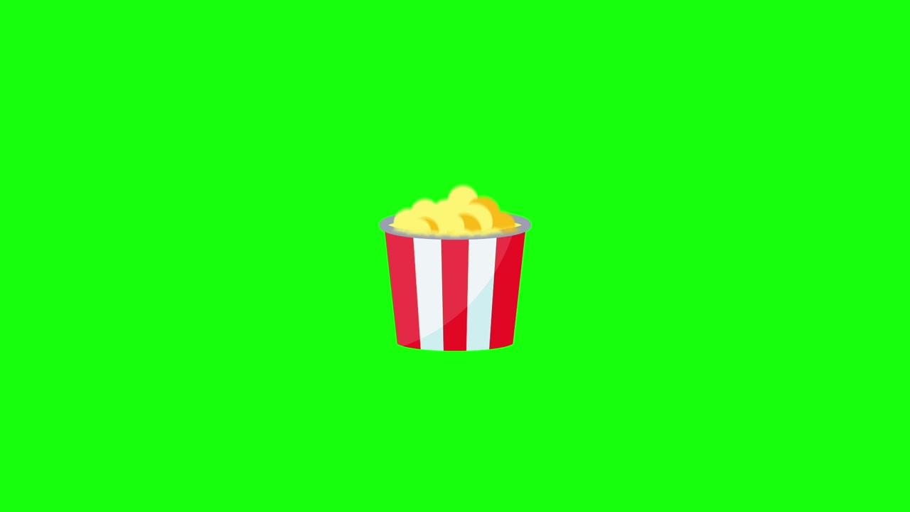 Animazione di secchiello di popcorn che si riempie su schermo verde.