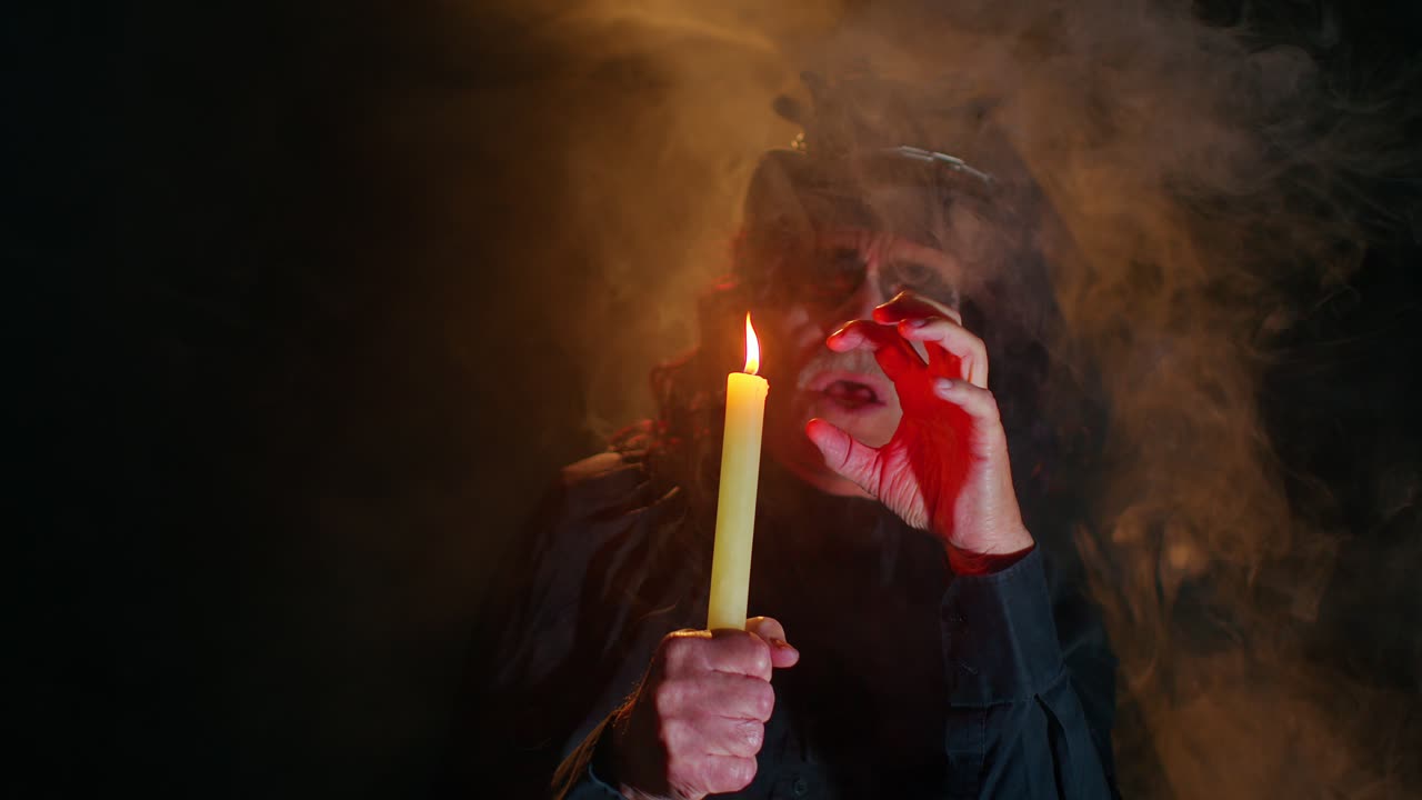 hombre siniestro con miedo halloween brujo maquillaje en disfraz haciendo rituales mágicos vudú con vela