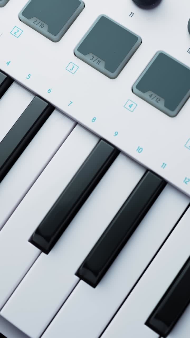 Plan macro vertical rotatif autour d'un contrôleur de clavier MIDI, révélant les touches de piano, les pads de batterie et les commandes pour la production musicale et le flux de travail en home studio.