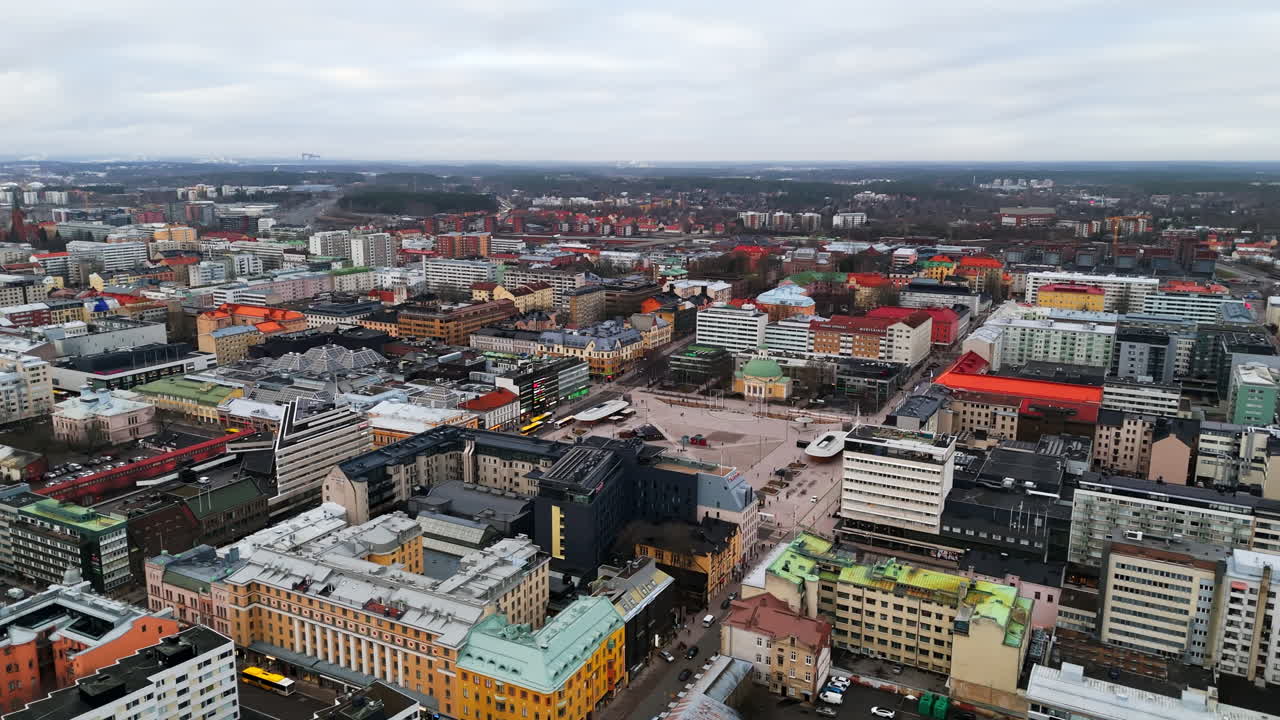 Aerial view overlooking the downtown of Turku city, overcast day in Finland