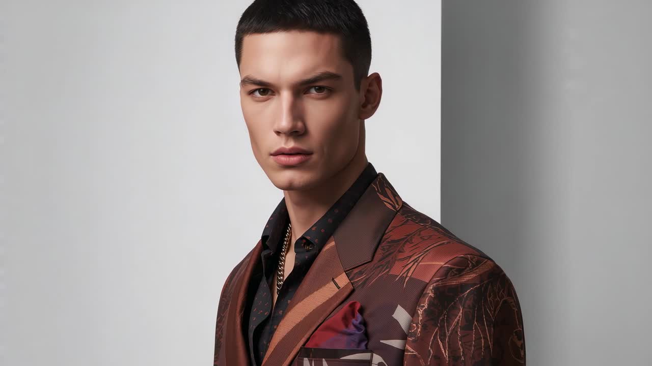 Camera zooming out, male fashion model standing square-on at studio, showcasing patterned blazer