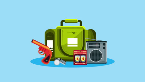 emergency kit with radio, whistle, and toy gun