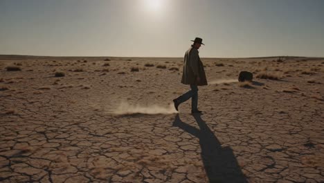 man walking in a dry desert landscape