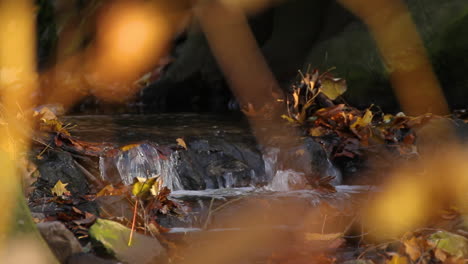 Small-waterfall-in-a-stream-with-falling-leaves-in-Autumn