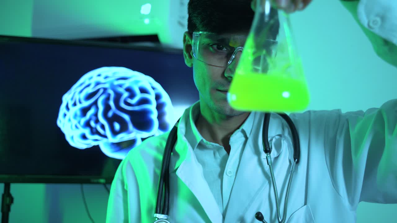 Young Male Scientist Doing Experiment In Brain Research Laboratory, 4k