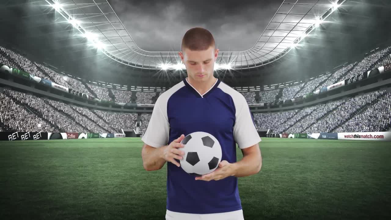 animación del estadio sobre el jugador de fútbol masculino caucásico