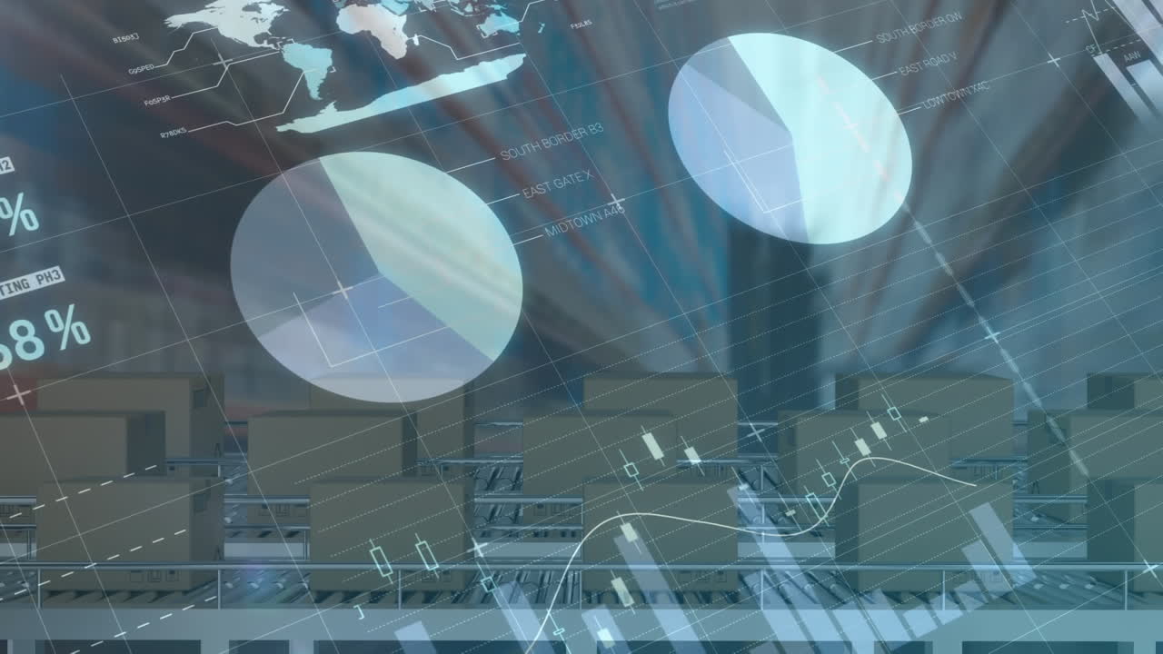 Animation of financial data processing over boxes on conveyor belts in warehouse