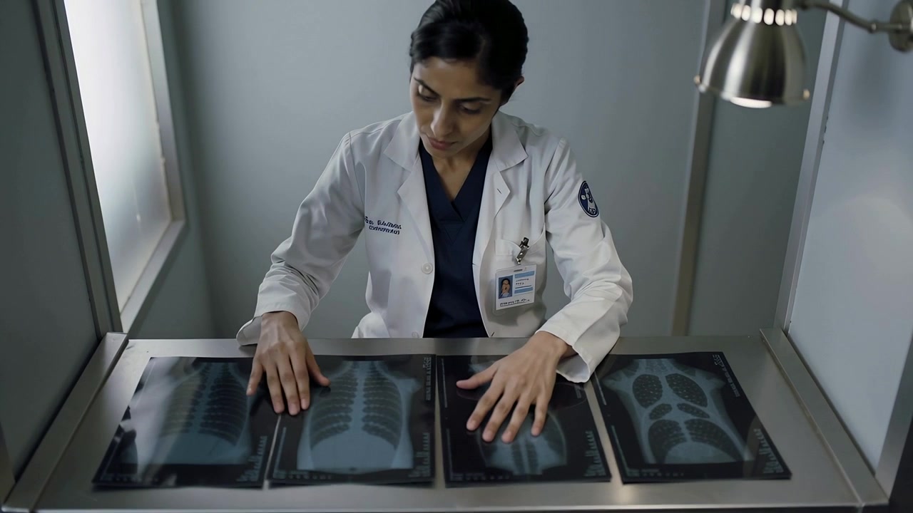 Placing female doctor wearing lab coat adjusting four chest X-rays at steel table for diagnosis